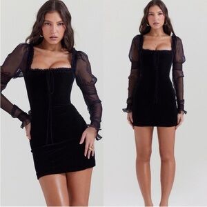 NWOT House of CB Sayana BLACK velvet long sleeves bow mini dresss S